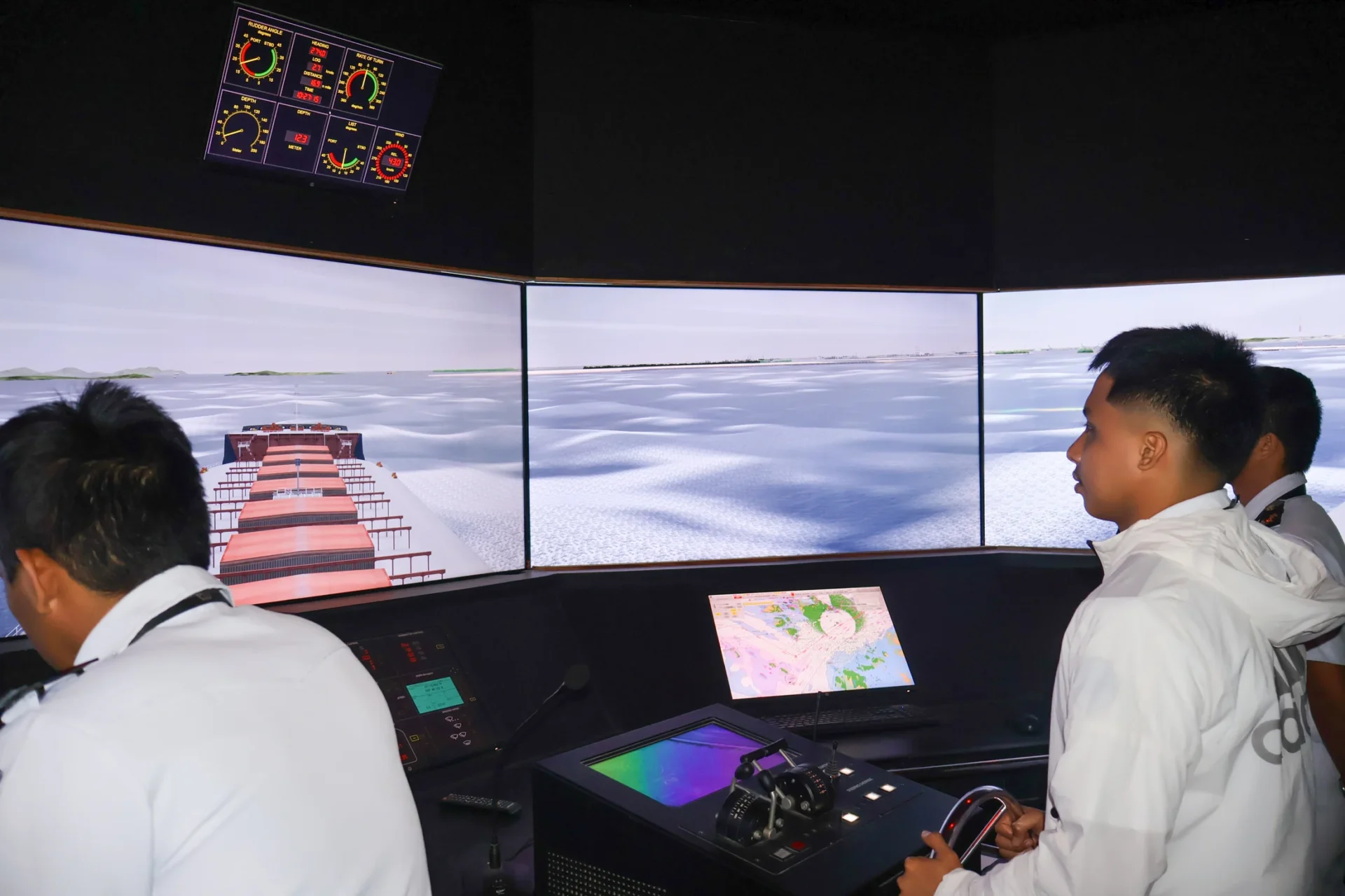 VMA ship bridge simulator controls and panoramic display