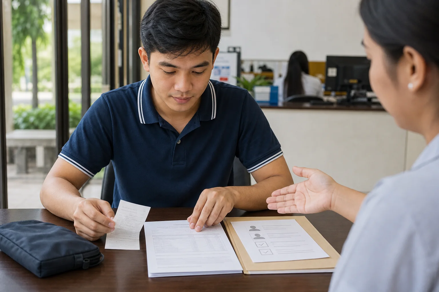 student preparing documents for college accounting office guidance
