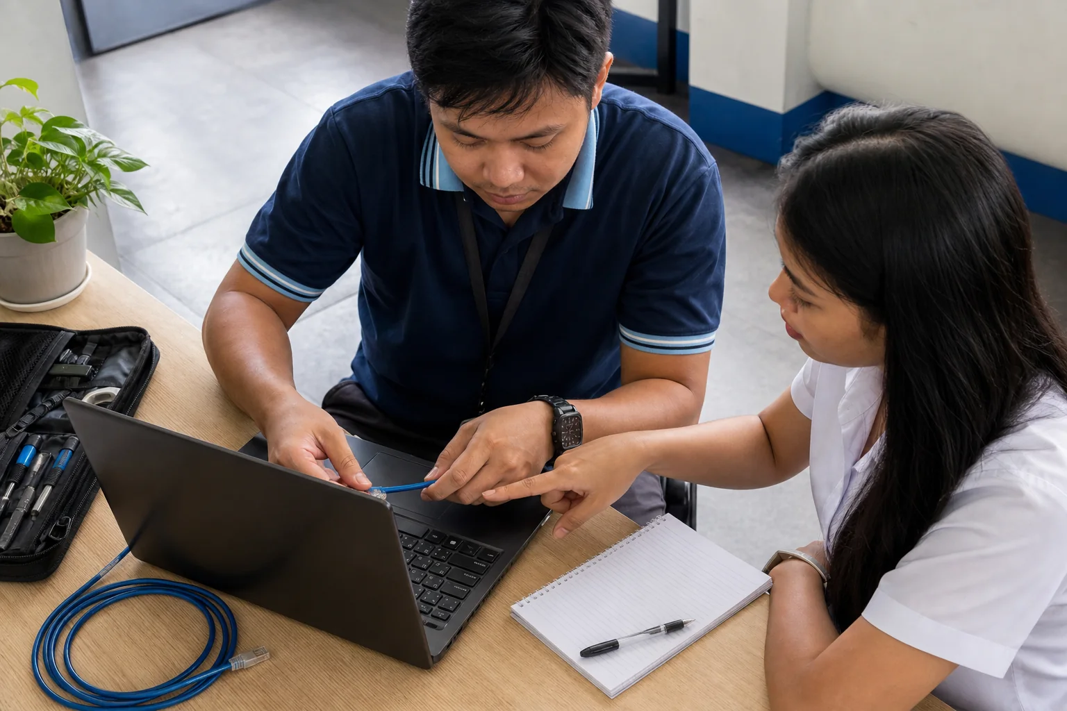 college ICT support troubleshooting a student laptop connection